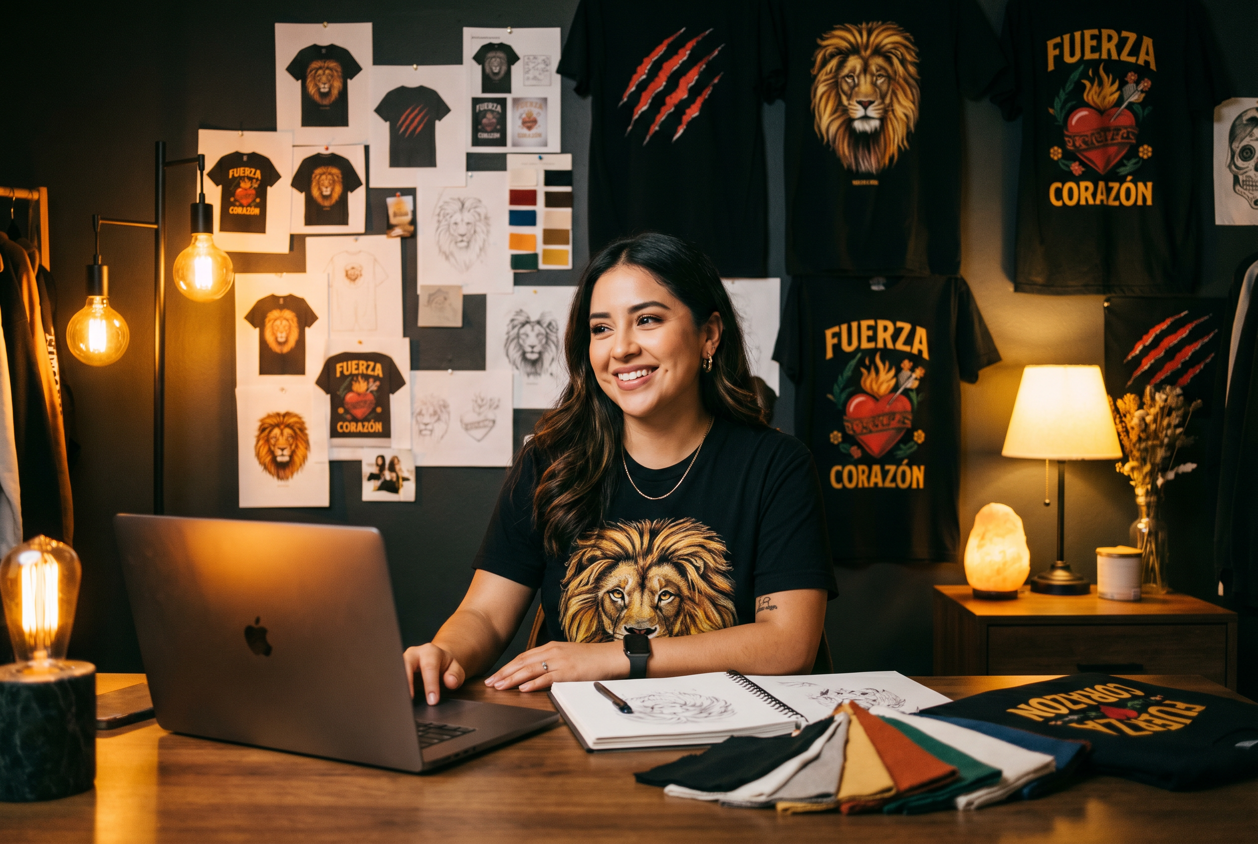 Evelyn Hernandez in her design studio surrounded by colorful t-shirt designs
