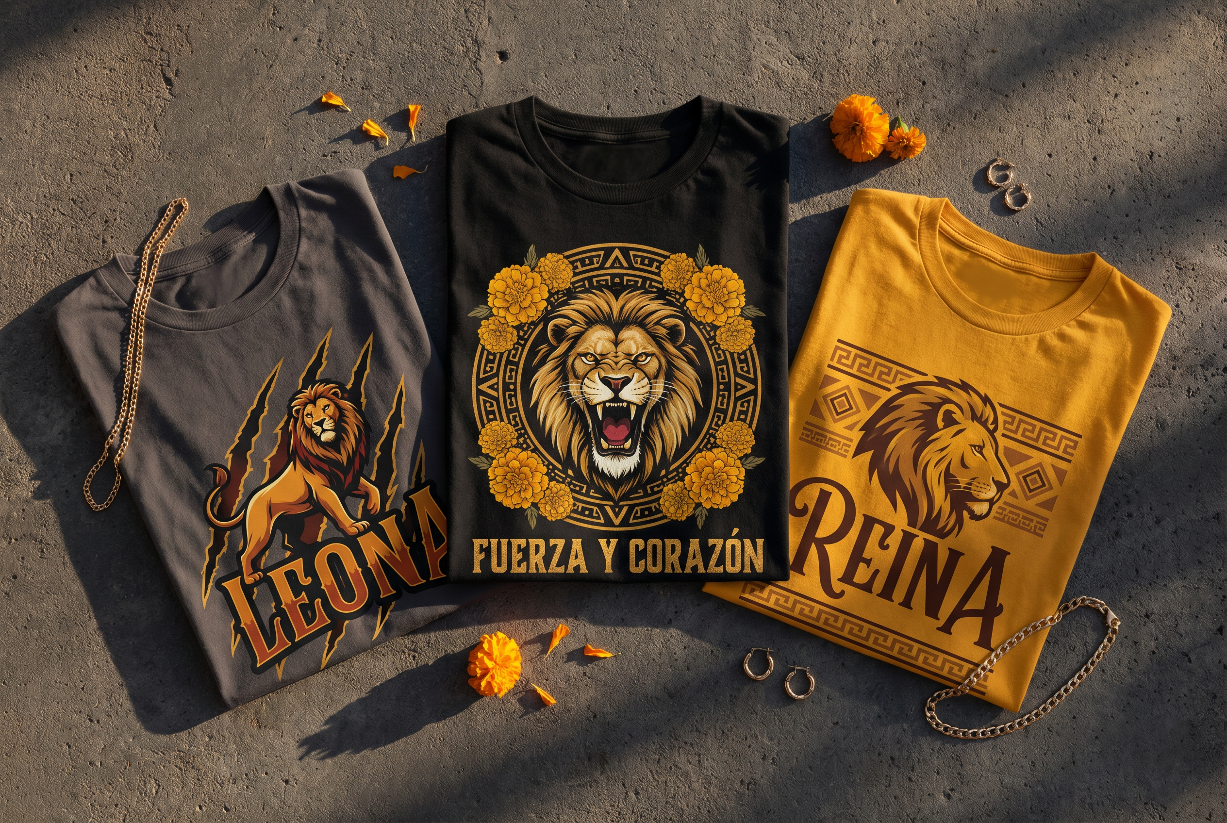 Three folded Fierce Faith t-shirts with Latina-inspired designs — marigold, Aztec geometric, and hummingbird motifs