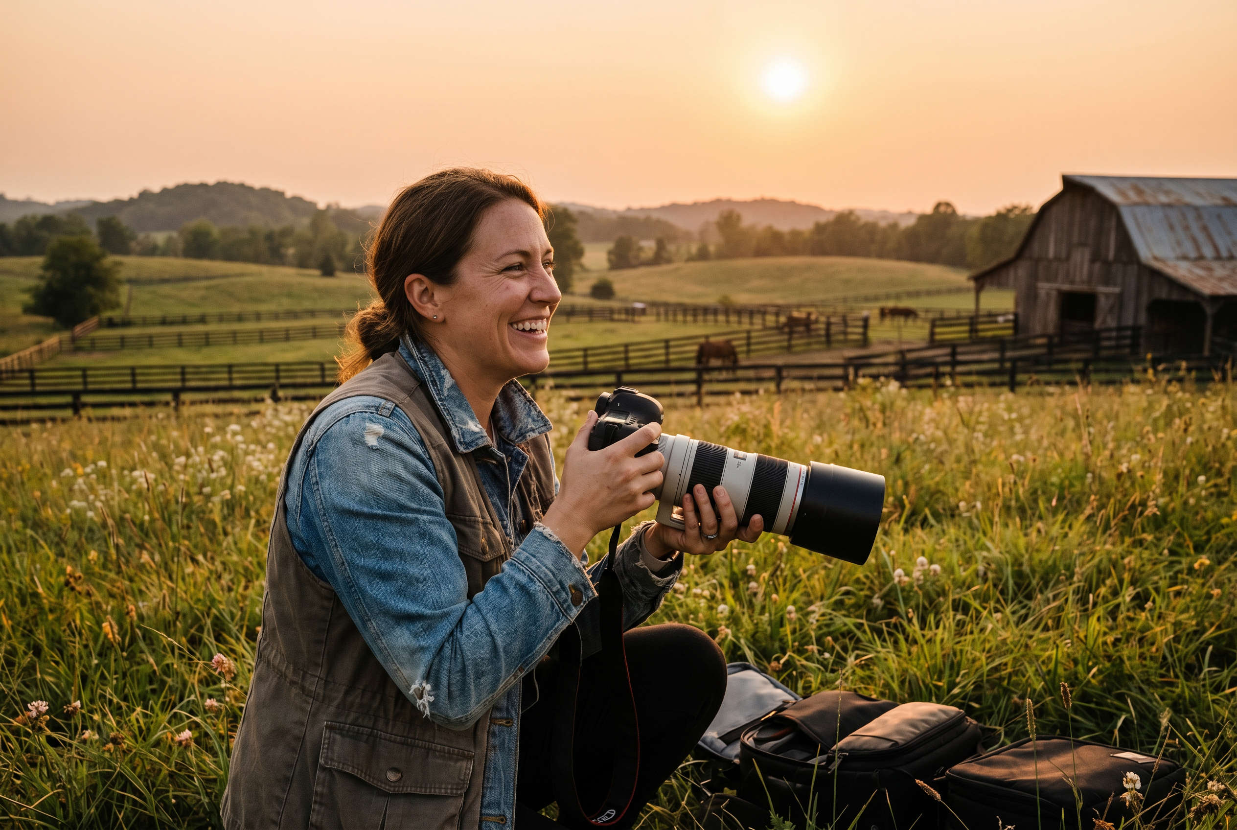 Heart of Gold photographer at work in a Kentucky field at golden hour