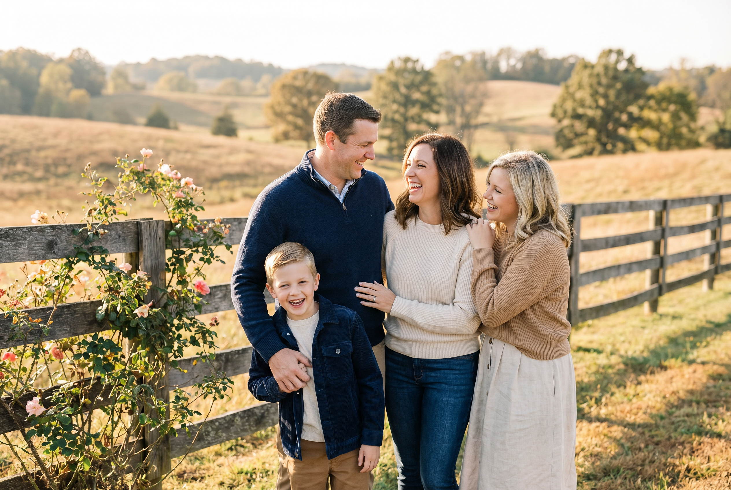 Family portrait session — family of four laughing together outdoors in Kentucky
