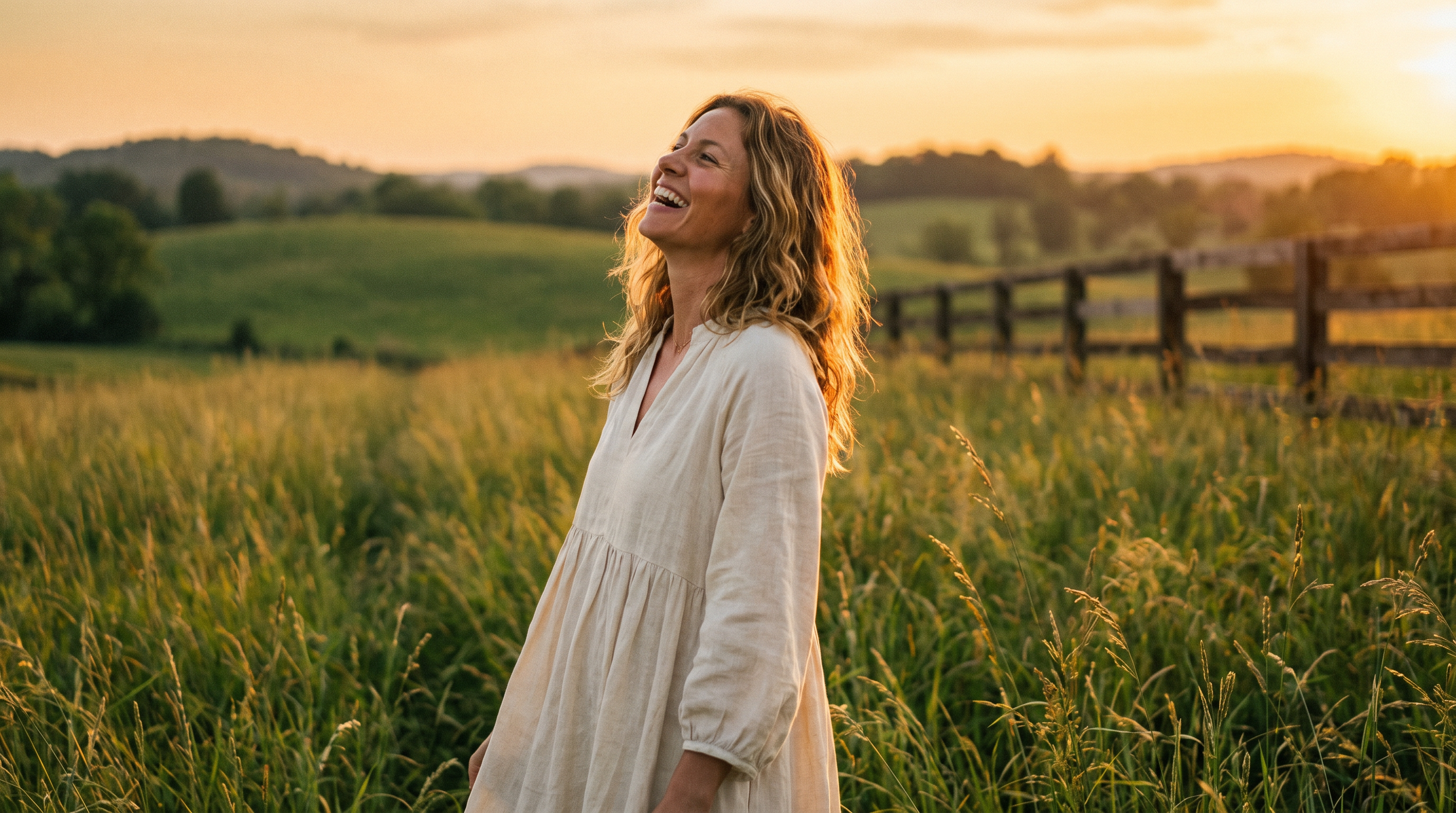 Boudoir portrait — elegant woman in golden Kentucky field at sunset